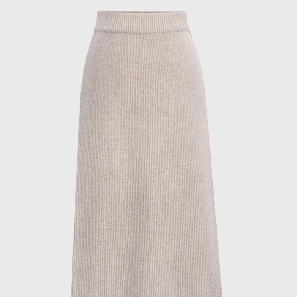 Woolen Midi Bodycon Ribbed Skirt with Back Split in Apricot